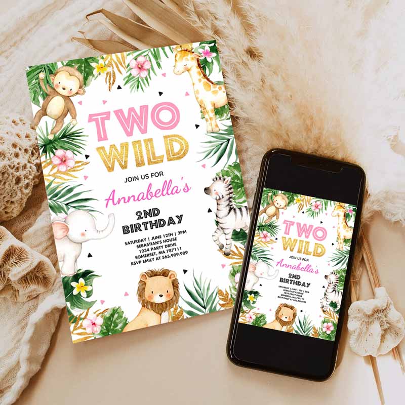 Two Wild Kids Birthday, Pink & Gold Jungle Safari Animals Invitation, Two Wild Kids Birthday Party