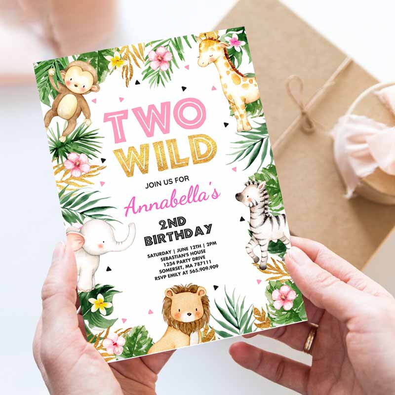 Two Wild Kids Birthday, Pink & Gold Jungle Safari Animals Invitation, Two Wild Kids Birthday Party