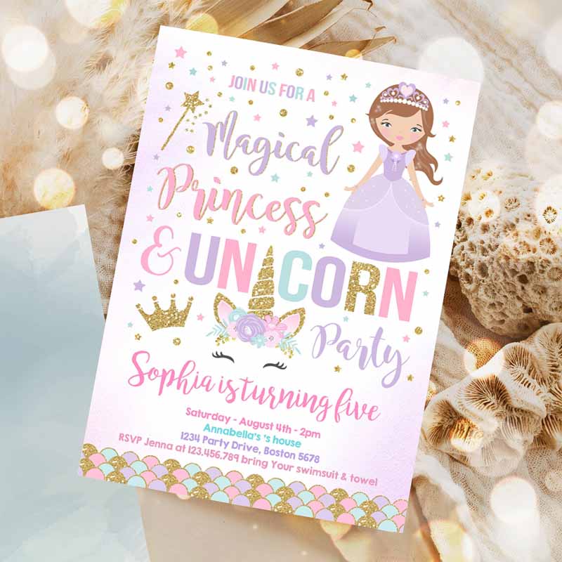 Unicorn And Princess Kids Birthday Invitation, Unicorn And Princess Magical Kids Birthday