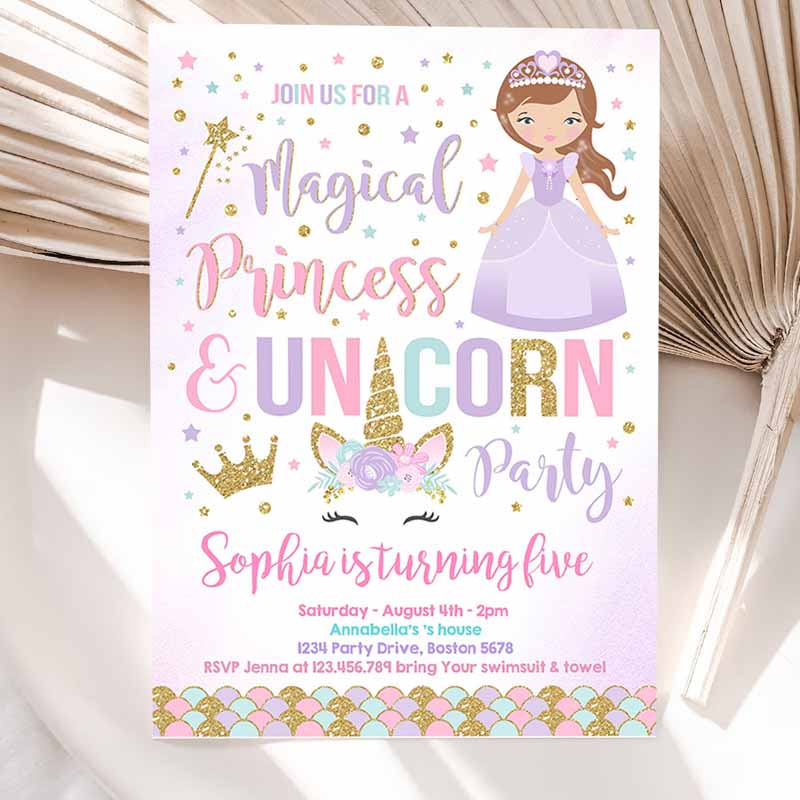 Unicorn And Princess Kids Birthday Invitation, Unicorn And Princess Magical Kids Birthday