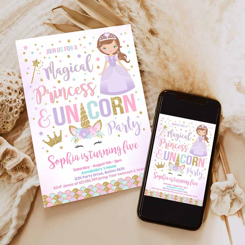 Unicorn And Princess Kids Birthday Invitation, Unicorn And Princess Magical Kids Birthday