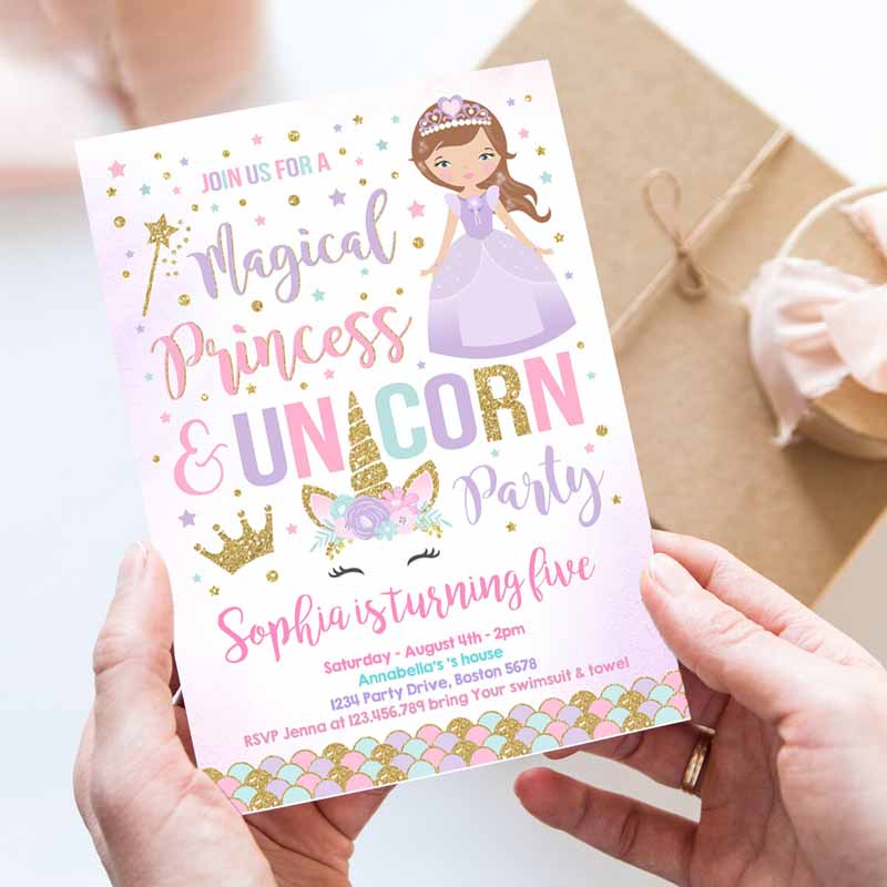 Unicorn And Princess Kids Birthday Invitation, Unicorn And Princess Magical Kids Birthday