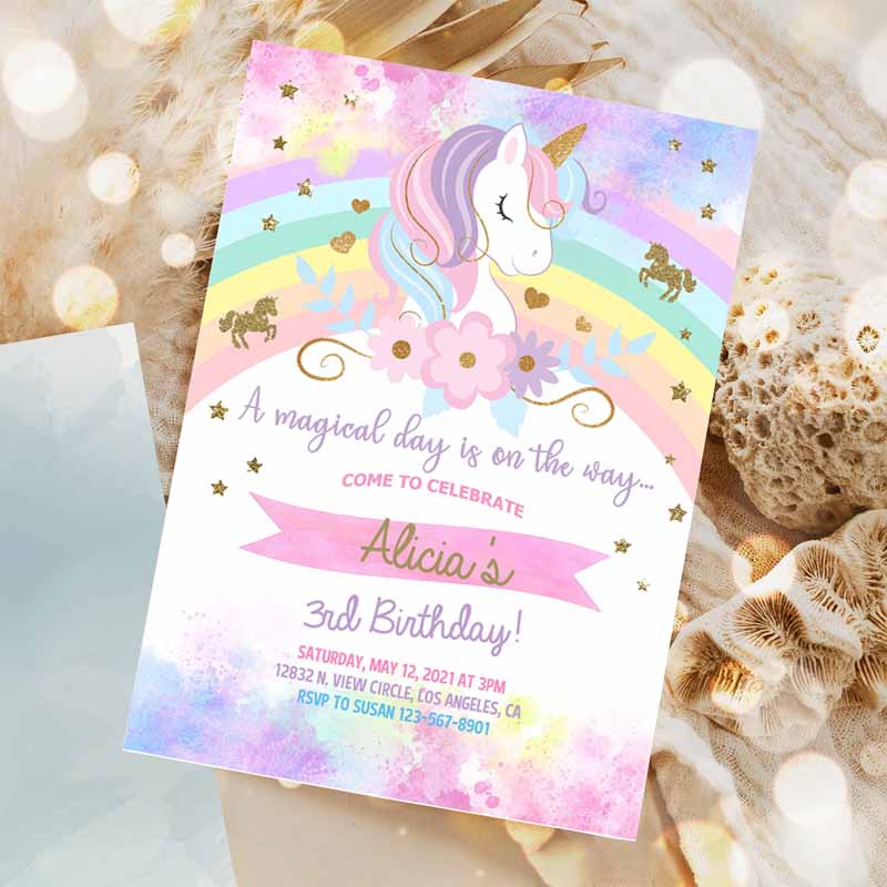 Unicorn and rainbow birthday Invitation, girl Birthday Party, invite digital printable Editable rainbow unicorn flowers gold glitter