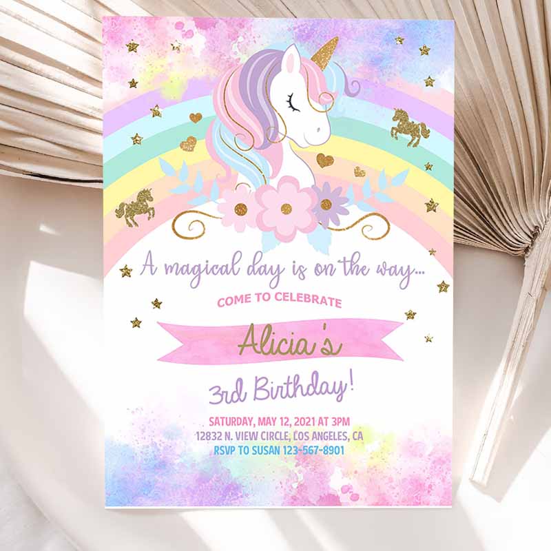 Unicorn and rainbow birthday Invitation, girl Birthday Party, invite digital printable Editable rainbow unicorn flowers gold glitter