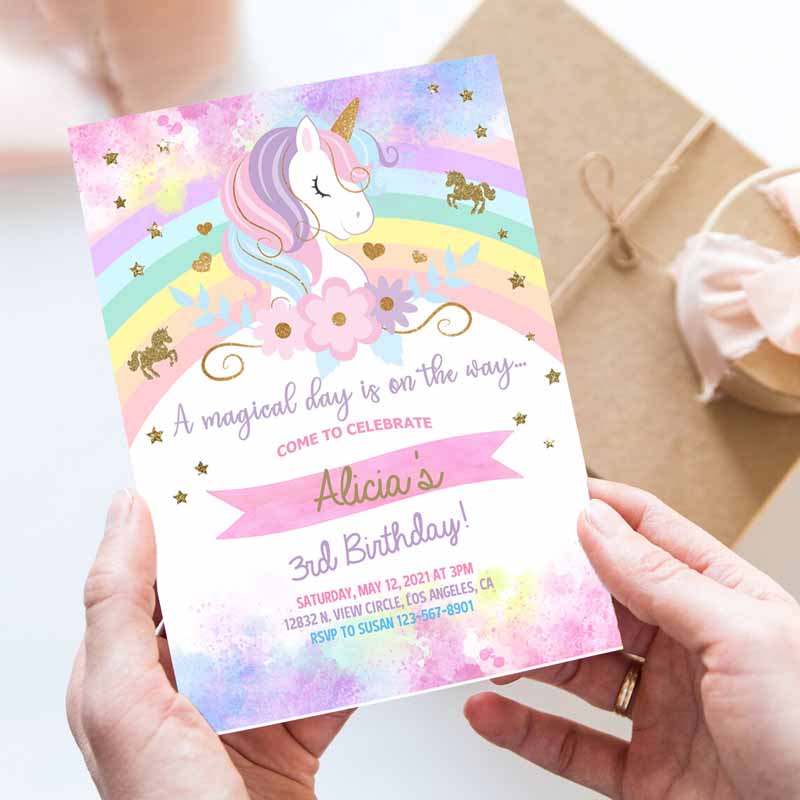 Unicorn and rainbow birthday Invitation, girl Birthday Party, invite digital printable Editable rainbow unicorn flowers gold glitter