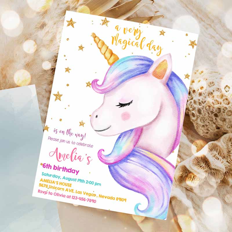 Unicorn Kids Birthday Invitation, Rainbow Party, Gold Glitter Pink Girl Magical Day Invitation