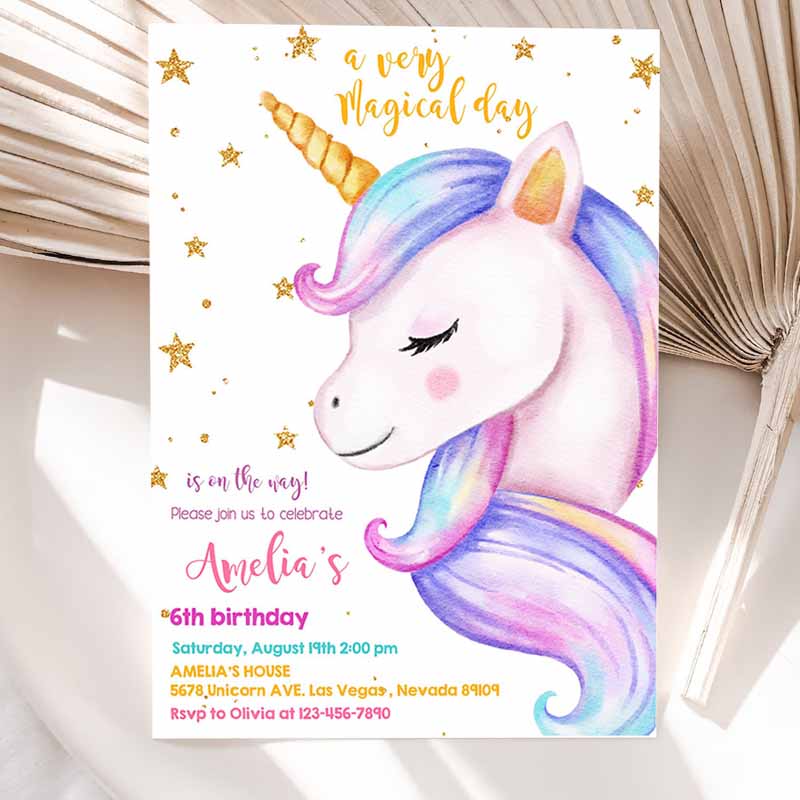 Unicorn Kids Birthday Invitation, Rainbow Party, Gold Glitter Pink Girl Magical Day