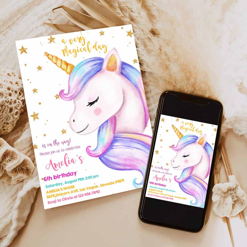 Unicorn Kids Birthday Invitation, Rainbow Party, Gold Glitter Pink Girl Magical Day