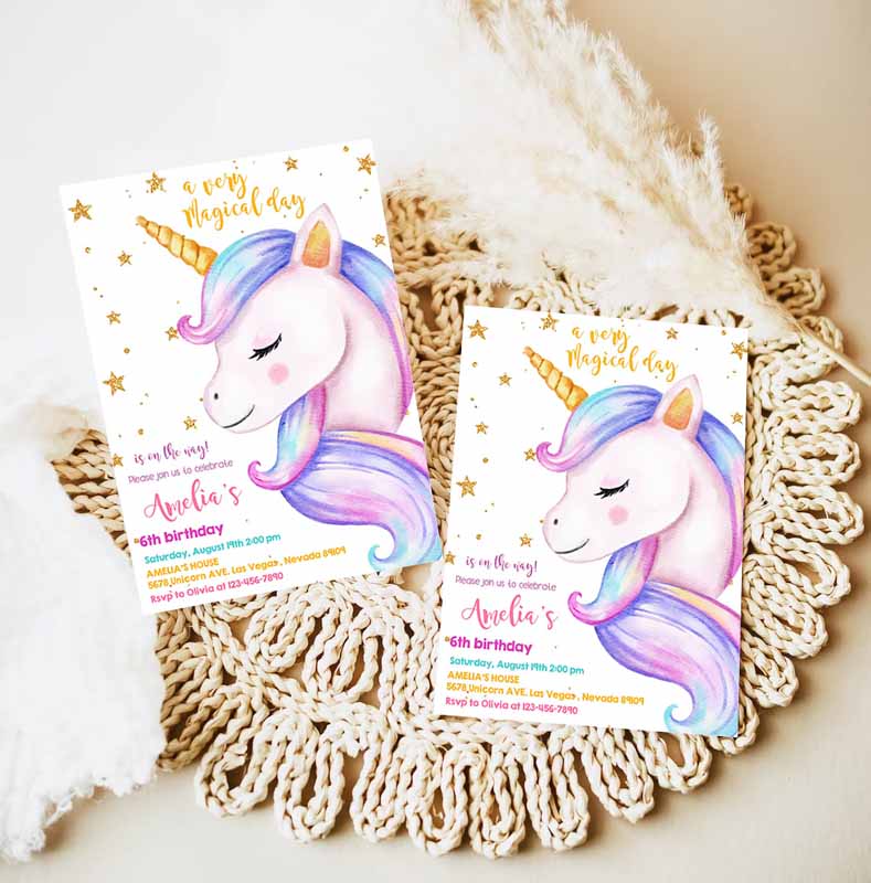 Unicorn Kids Birthday Invitation, Rainbow Party, Gold Glitter Pink Girl Magical Day