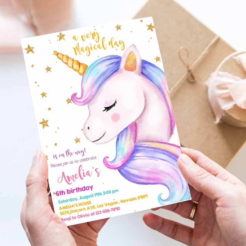 Unicorn Kids Birthday Invitation, Rainbow Party, Gold Glitter Pink Girl Magical Day