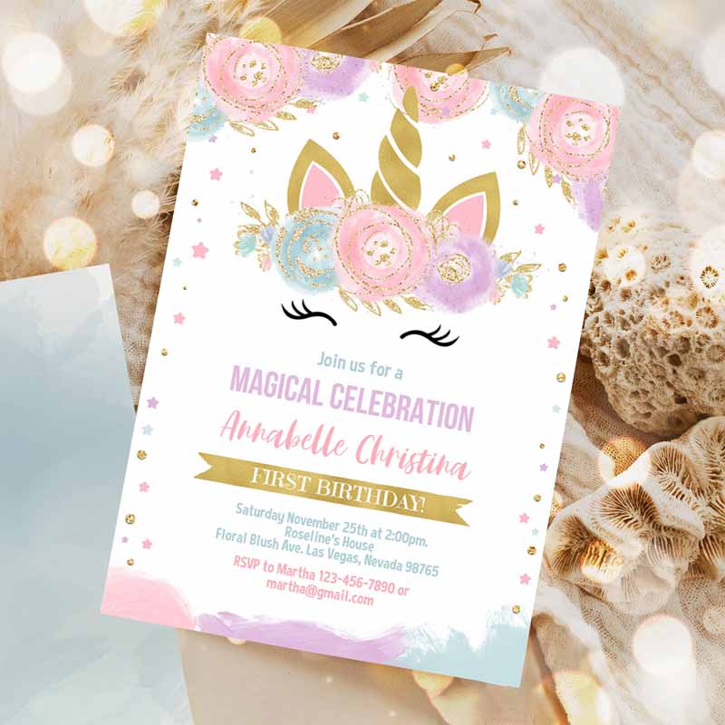 Unicorn Invitation, Unicorn Party, Unicorn Kids Birthday Unicorn Invite Girl gold Invitation