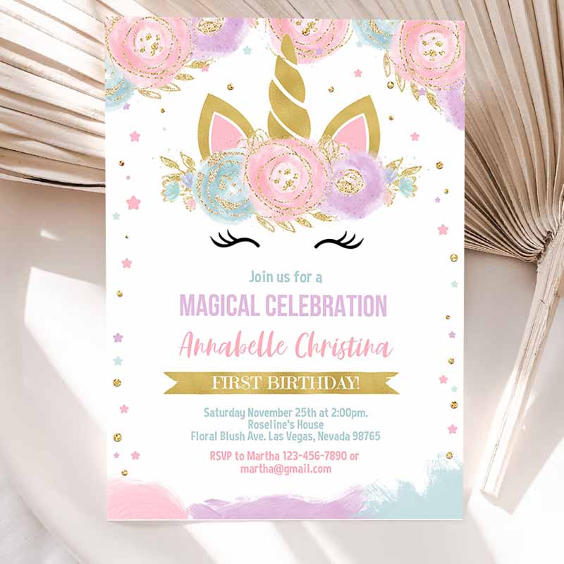 Unicorn Invitation, Unicorn Party, Unicorn Kids Birthday Unicorn Invite Girl gold Invitation