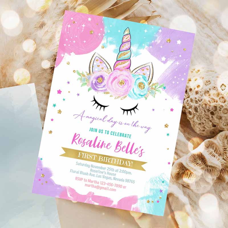 Unicorn Invitation, Unicorn Party, Unicorn Kids Birthday Unicorn Invite Girl gold