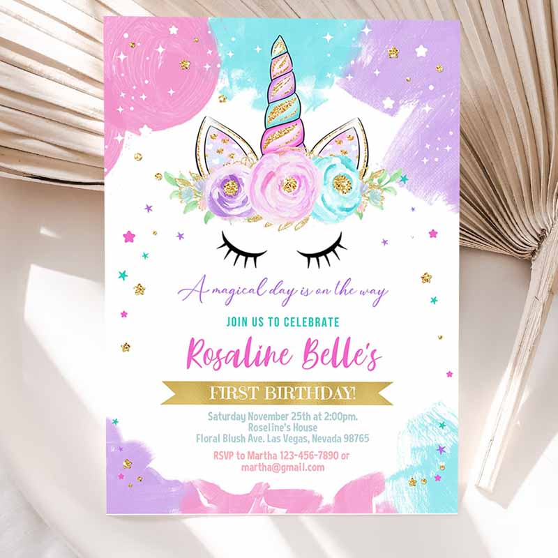 Unicorn Invitation, Unicorn Party, Unicorn Kids Birthday Unicorn Invite Girl gold