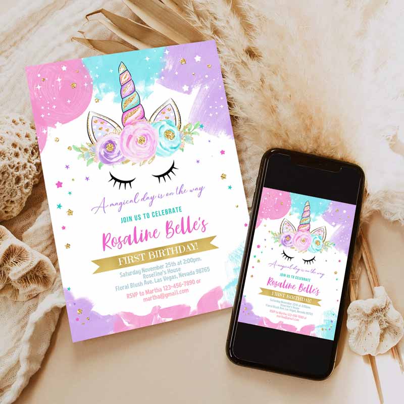 Unicorn Invitation, Unicorn Party, Unicorn Kids Birthday Unicorn Invite Girl gold