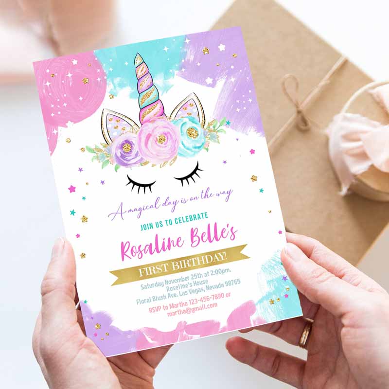 Unicorn Invitation, Unicorn Party, Unicorn Kids Birthday Unicorn Invite Girl gold