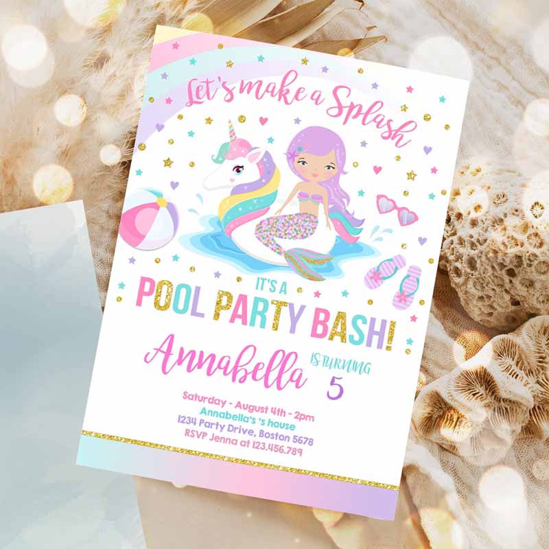 Unicorn Pool Party Invitation, Unicorn & Mermaid Pool Party, Invite Unicorn Pool Float Pool Party, Bash Invitation