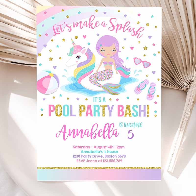 Unicorn Pool Party Invitation, Unicorn & Mermaid Pool Party, Invite Unicorn Pool Float Pool Party, Bash Invitation