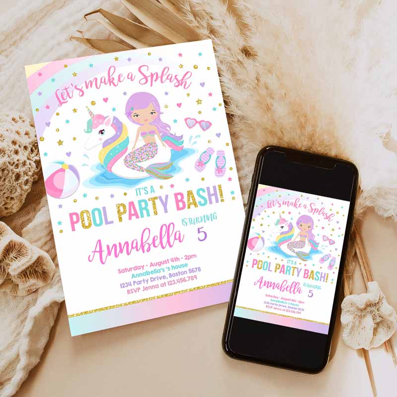 Unicorn Pool Party Invitation, Unicorn & Mermaid Pool Party, Invite Unicorn Pool Float Pool Party, Bash Invitation