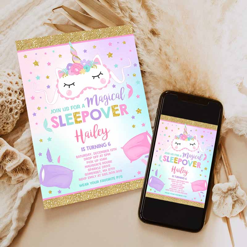 Unicorn Slumber Party Invitation, Unicorn Sleepover Kids Birthday Unicorn Sleepover Party