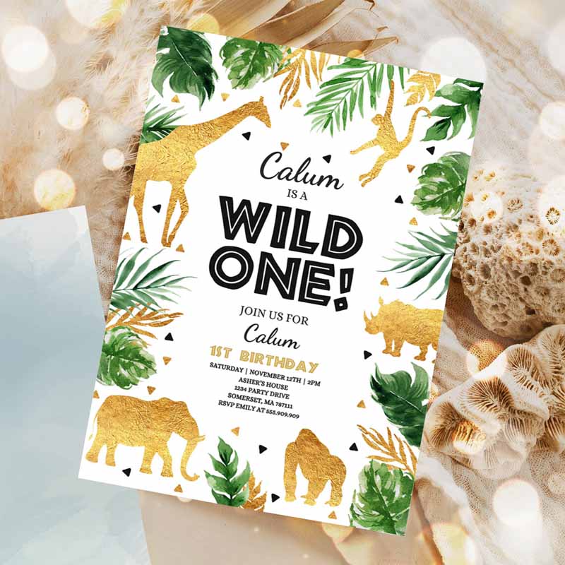 Wild One Kids Birthday Invitation, Safari Animals Invitation, Boy Jungle Safari Animal Party, Gold Wild One Party