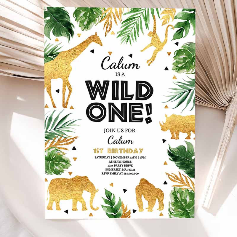 Wild One Kids Birthday Invitation, Safari Animals Invitation, Boy Jungle Safari Animal Party, Gold Wild One Party