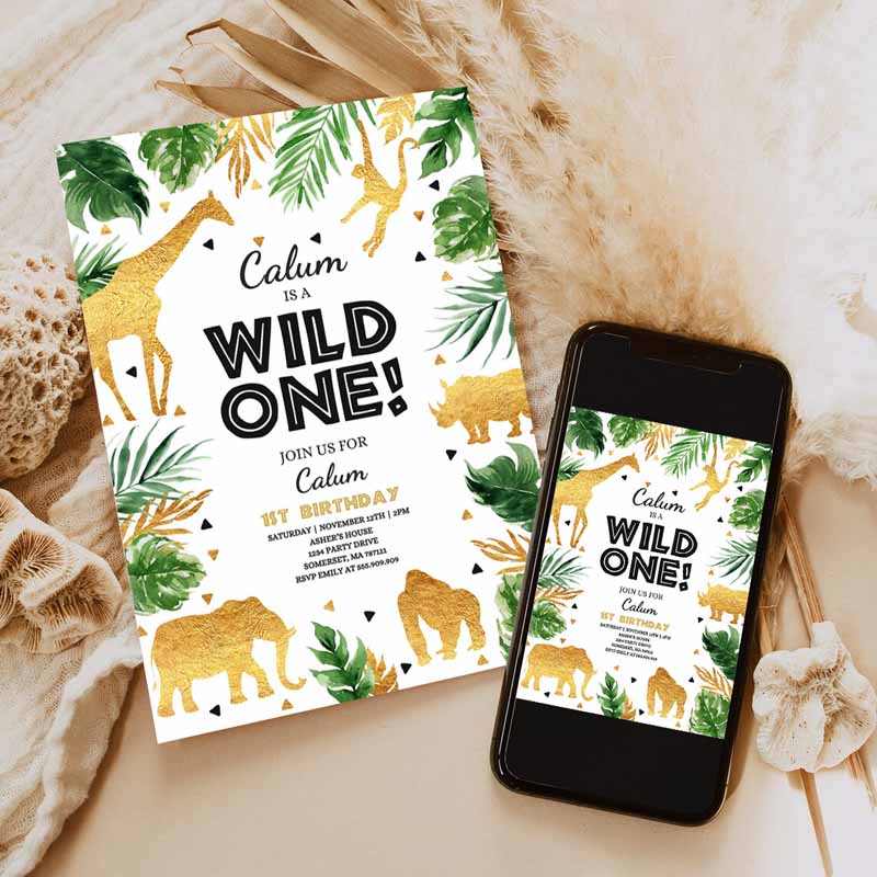 Wild One Kids Birthday Invitation, Safari Animals Invitation, Boy Jungle Safari Animal Party, Gold Wild One Party