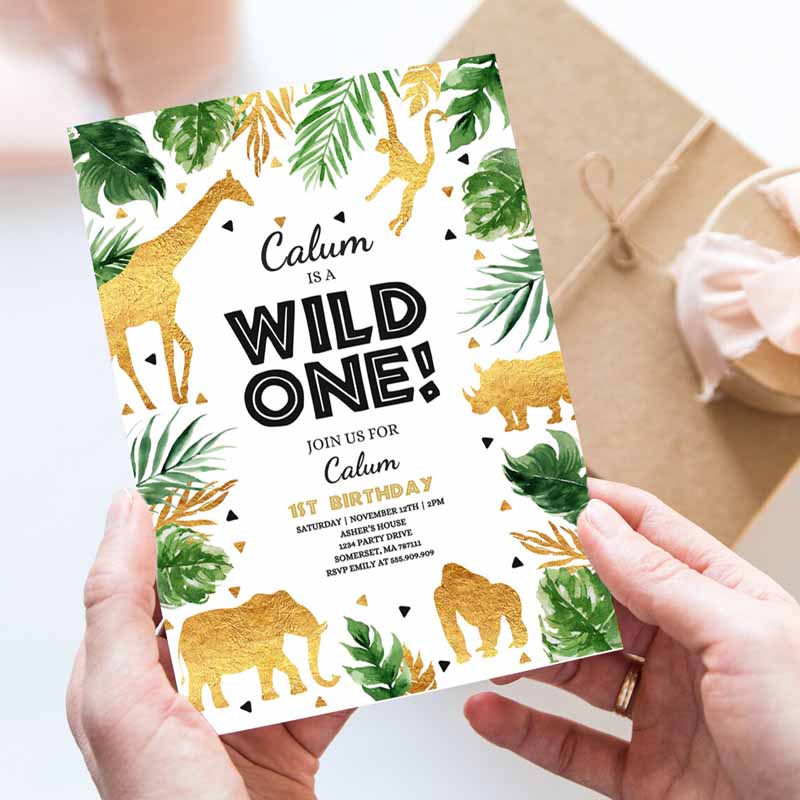 Wild One Kids Birthday Invitation, Safari Animals Invitation, Boy Jungle Safari Animal Party, Gold Wild One Party