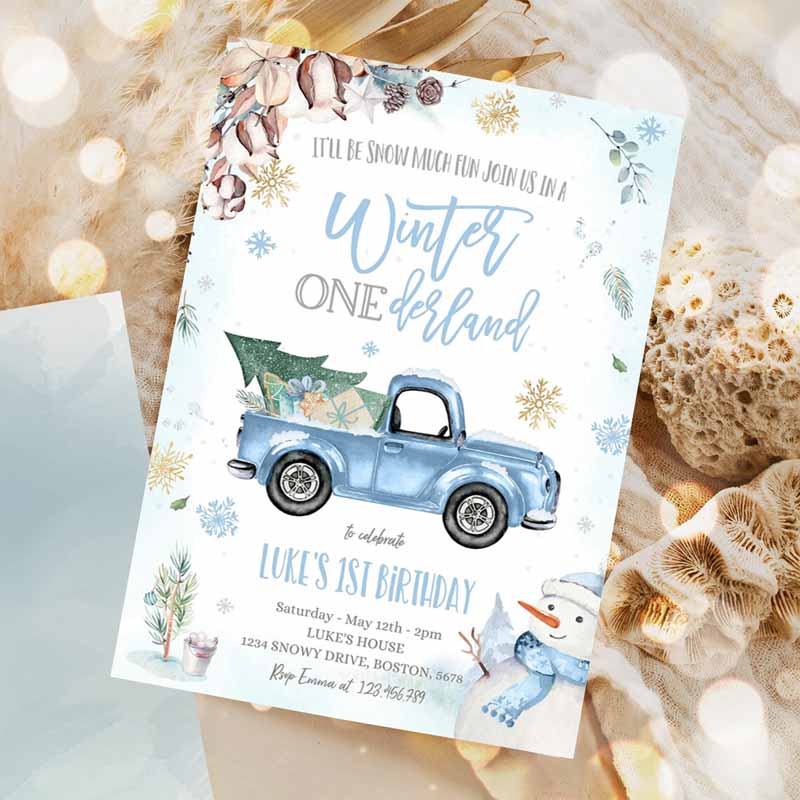 Winter ONEderland Invitation, Winter Truck Kids Birthday Invitation, Rustic Blue Truck Winter ONEderland Party Invitation