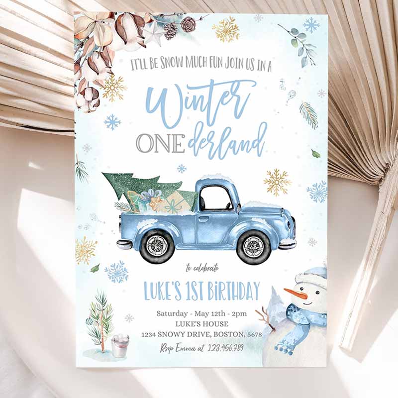 Winter ONEderland Invitation, Winter Truck Kids Birthday Invitation, Rustic Blue Truck Winter ONEderland Party