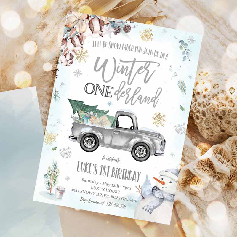 Winter ONEderland Invitation, Winter Truck Kids Birthday Invitation, Rustic Grey Truck Winter ONEderland Party Invitation