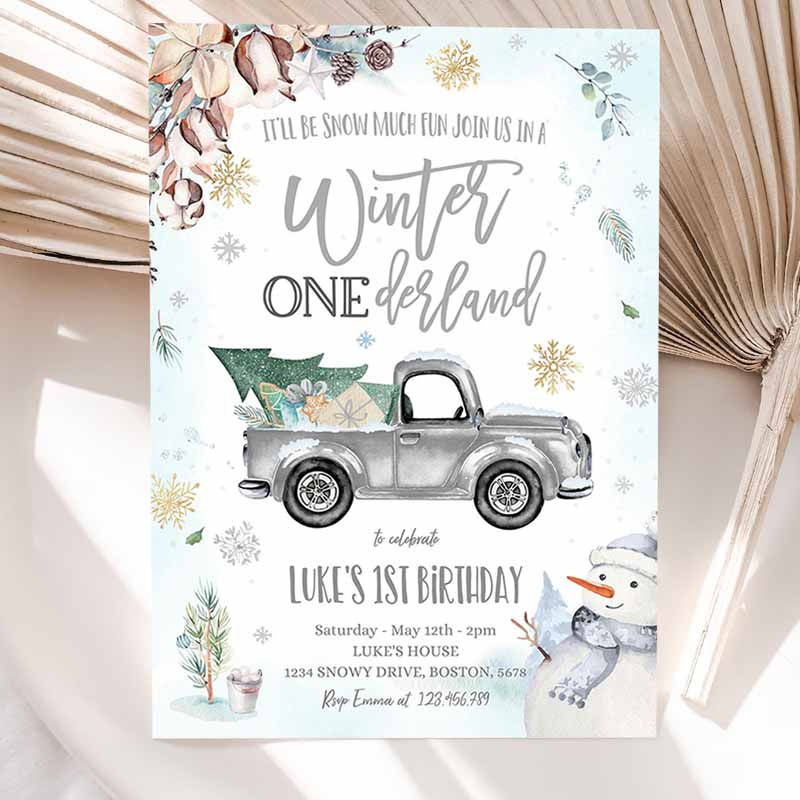 Winter ONEderland Invitation, Winter Truck Kids Birthday Invitation, Rustic Grey Truck Winter ONEderland Party