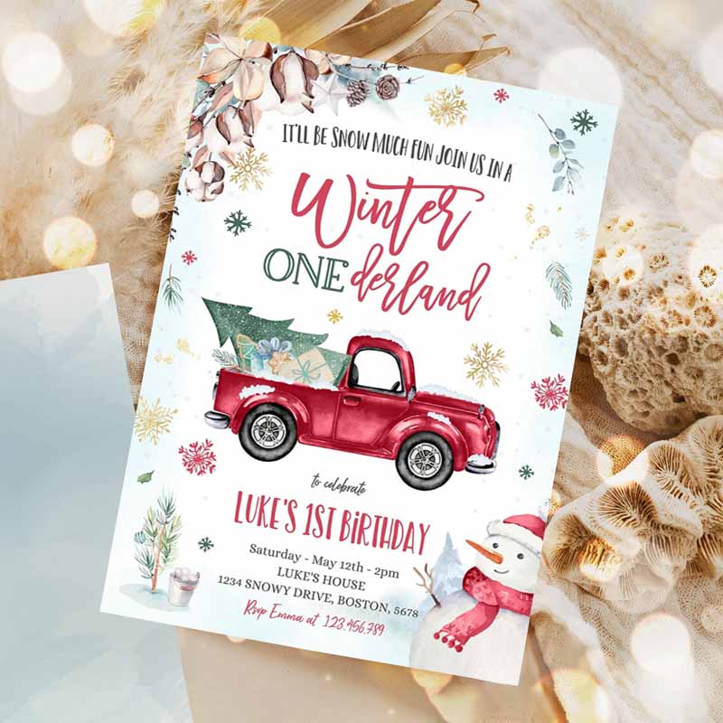 Winter ONEderland Invitation, Winter Truck Kids Birthday Invitation, Rustic Red truck Truck Winter Party Invitation