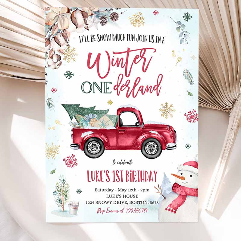 Winter ONEderland Invitation, Winter Truck Kids Birthday Invitation, Rustic Red truck Truck Winter Party