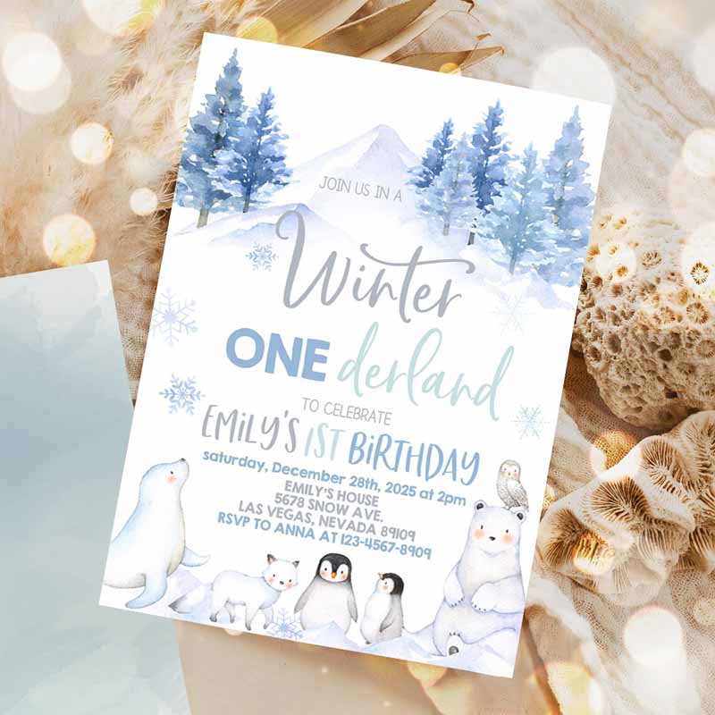 Winter Onederland Invitation, Wonderland First Kids Birthday Party, Boy Girl Polar Bear Arctic Animals Woodland Forest Invitation