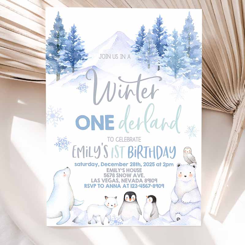 Winter Onederland Invitation, Wonderland First Kids Birthday Party, Boy Girl Polar Bear Arctic Animals Woodland Forest