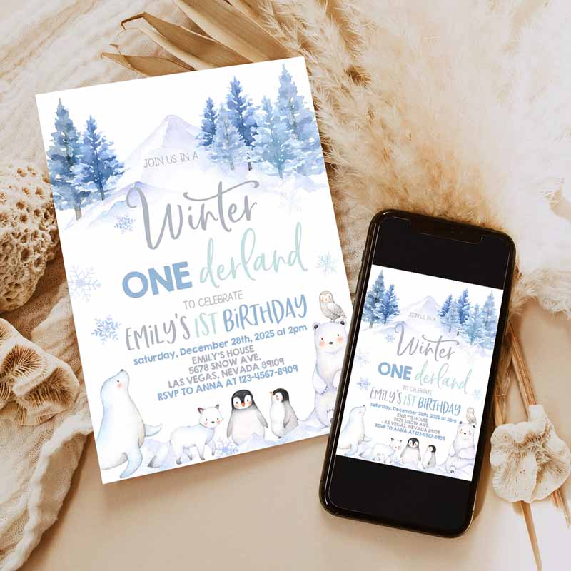 Winter Onederland Invitation, Wonderland First Kids Birthday Party, Boy Girl Polar Bear Arctic Animals Woodland Forest