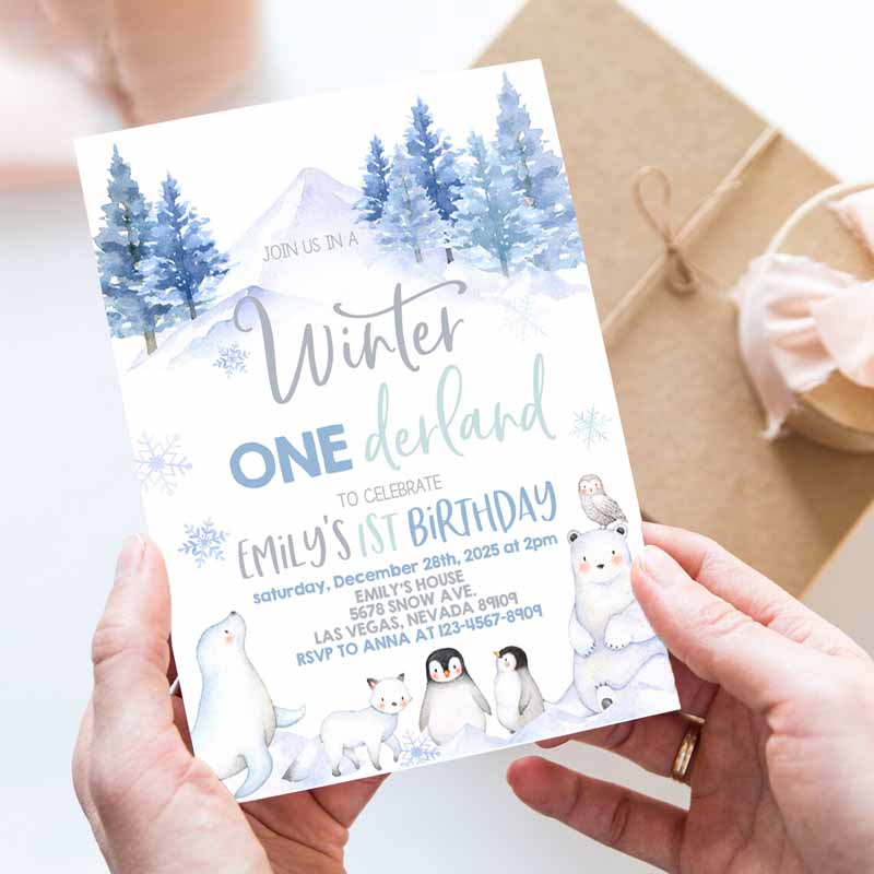 Winter Onederland Invitation, Wonderland First Kids Birthday Party, Boy Girl Polar Bear Arctic Animals Woodland Forest