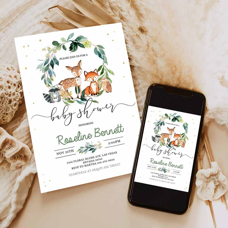 Woodland Baby Shower Invitation, Editable Gender Neutral woodland animals Invitations, Digital Wood land theme