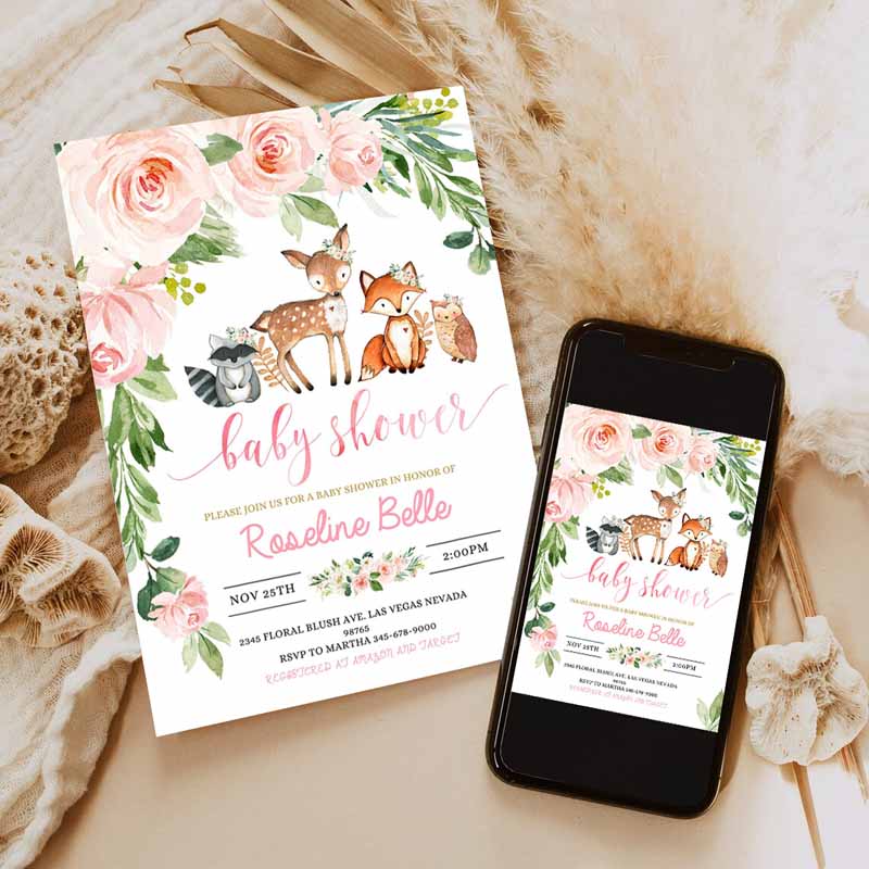 Woodland Girl Baby Shower Invitation, invite Forest Woodland animals Invitations, Digital Wood land theme