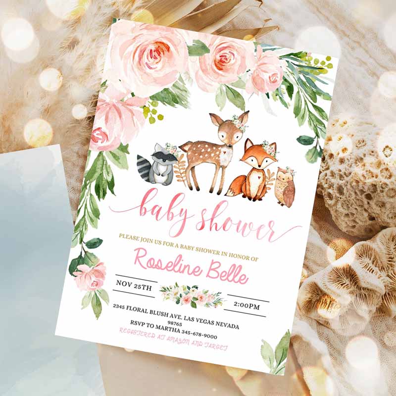 Woodland Girl Baby Shower Invitation, invite Forest Woodland animals Invitations, Digital Wood land theme