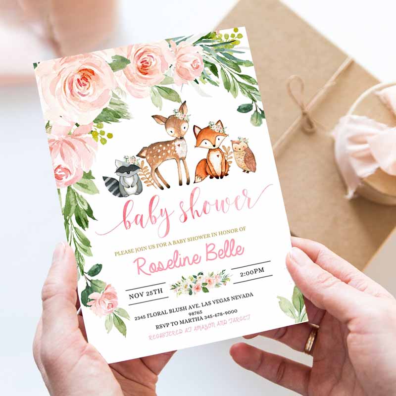 Woodland Girl Baby Shower Invitation, invite Forest Woodland animals Invitations, Digital Wood land theme