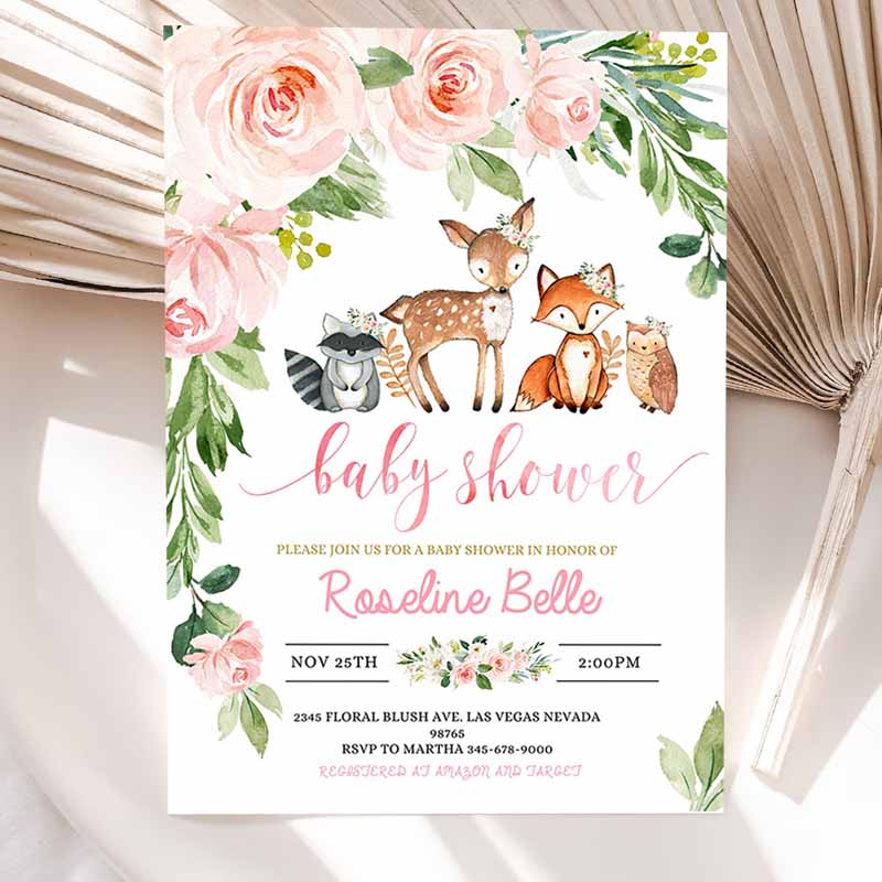 Woodland Girl Baby Shower Invitation, invite Forest Woodland animals Invitations, Digital Wood land theme