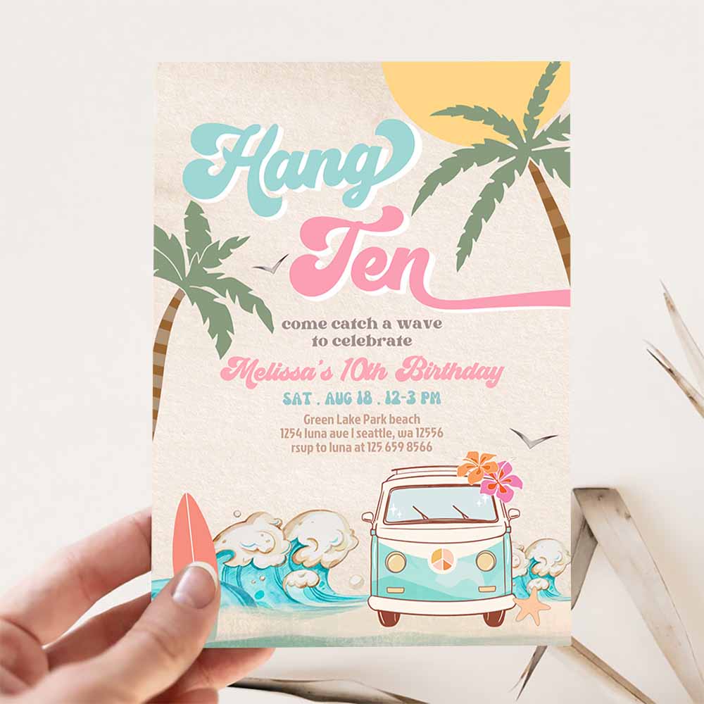 10th Pink Mint Girl 10th Surfing Birthday Invitation, Girl Surf Van Surfboard Beach Party Invitation