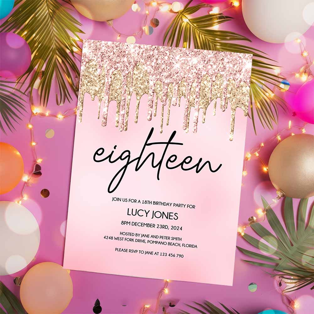 18th Birthday Party Invitation, 18th Invite Rose Gold Glitter Drips