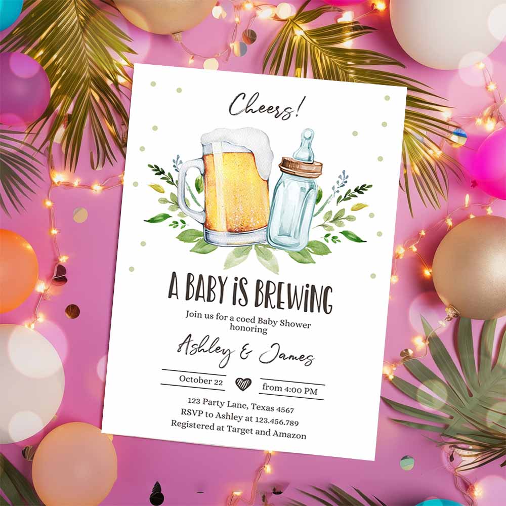 A Baby is Brewing Invitation, Bottle and Beers Baby Shower Cheers Coed Couples Shower