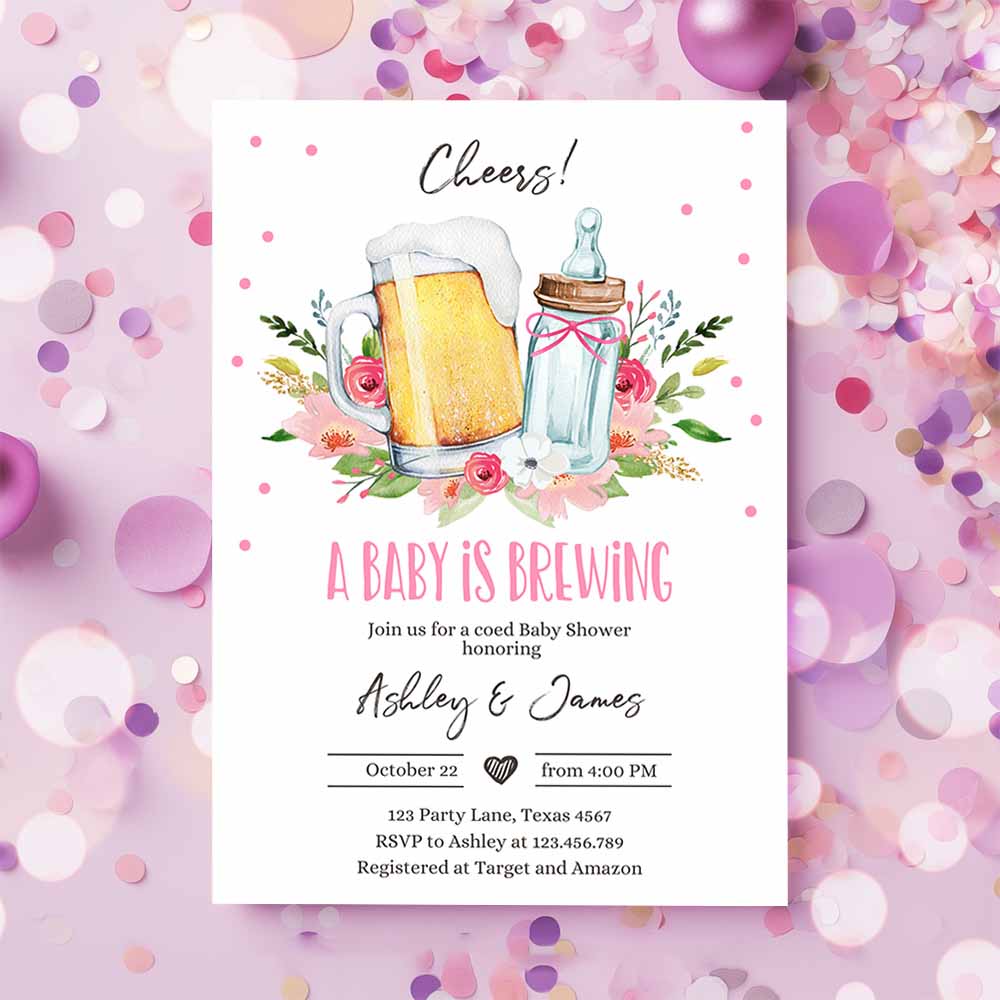 A Baby is Brewing Invitation, Bottle and Beers Baby Shower Girl Cheers Coed Couples Shower