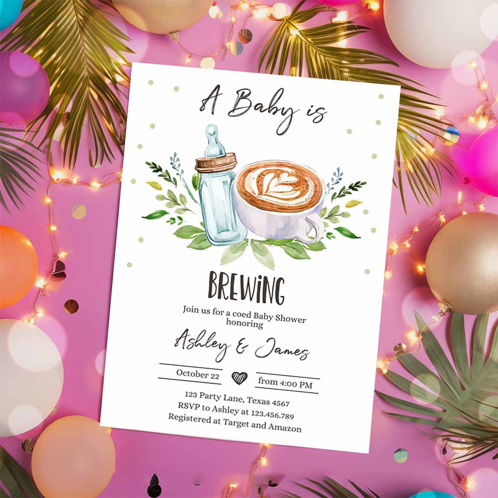 A Baby is Brewing Invitation, Bottle and Coffee Baby Shower Coed Couples Gender Neutral