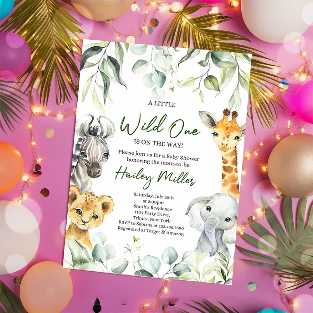 A Little Wild One On the Way Baby Shower Invitation, Safari Jungle Baby Shower Invite, Greenery Safari Animals Baby Shower