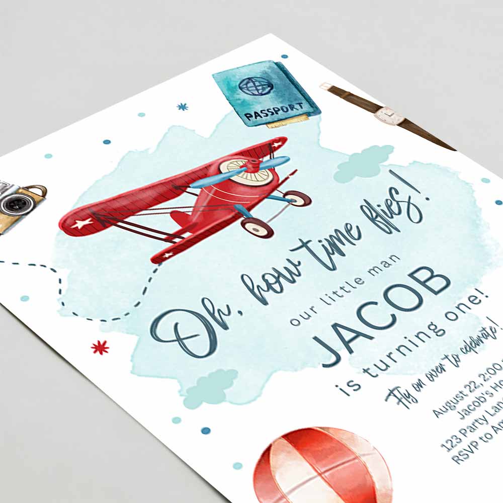 Airplane Birthday Invitation, Oh My Time Flies Red Airplane First Birthday Travel